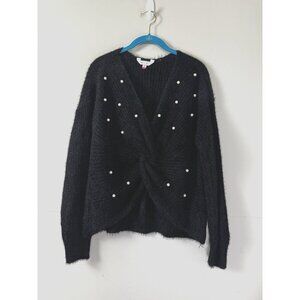 Black Twist Knot Pearl Detail Sweater XL Coquette Glam Y2K Feminine Romantic Top